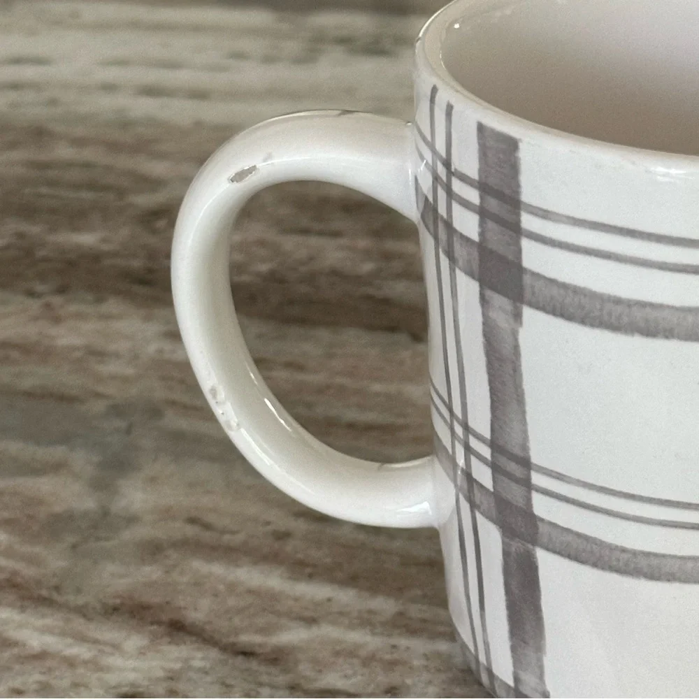 Pier 1 White and Grey Checkered Plaid Ironstone China Mug